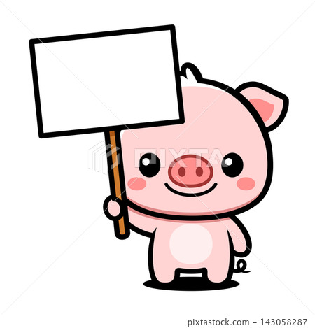 Cute Pig Holding Blank Sign Cartoon Character, Kawaii Animal Mascot with Empty Board Cute Pig Holding Blank Sign Cartoon Character, Kawaii Animal Mascot with Empty Board 143058287