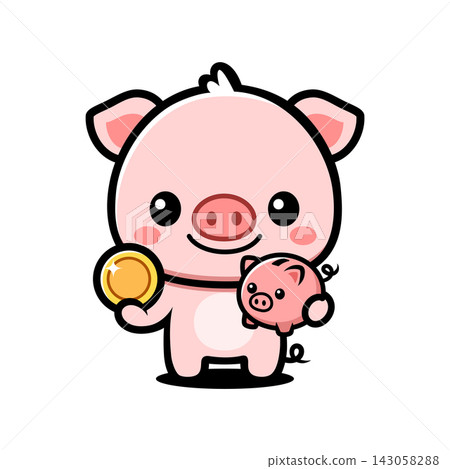 Cute Pig Holding Coin and Piggy Bank Cartoon Character, Kawaii Money Saving Mascot Cute Pig Holding Coin and Piggy Bank Cartoon Character, Kawaii Money Saving Mascot 143058288