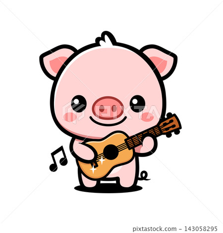 Cute Pig Playing Guitar Cartoon Character, Kawaii Animal Music Mascot Cute Pig Playing Guitar Cartoon Character, Kawaii Animal Music Mascot 143058295