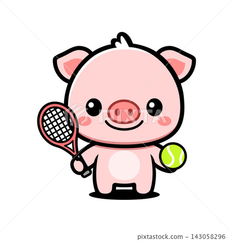Cute Pig Playing Tennis Cartoon Character, Kawaii Sport Animal Mascot Cute Pig Playing Tennis Cartoon Character, Kawaii Sport Animal Mascot 143058296