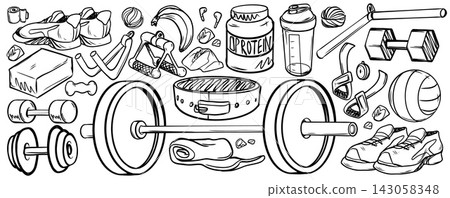 Hand drawn gym doodles with fitness equipment Hand drawn gym doodles with fitness equipment 143058348