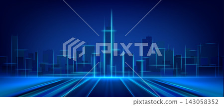 Futuristic city skyline with glowing blue building Futuristic city skyline with glowing blue building 143058352