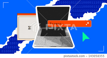 Trendy halftone collage showcasing AI technology with laptop and digital elements. Trendy halftone collage showcasing AI technology with laptop and digital elements. 143058355