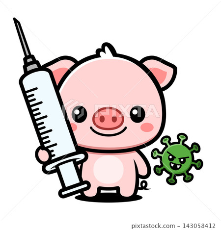 Cute Pig Doctor with Syringe Cartoon Character, Kawaii Vaccine Animal Mascot Cute Pig Doctor with Syringe Cartoon Character, Kawaii Vaccine Animal Mascot 143058412