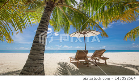 Peaceful sun loungers under leaning palm powdery white shore vivid turquoise lagoon blue sky tropical. Restful wellness recharge downtime. Slow travel unwind quiet seaside wall art Peaceful sun loungers under leaning palm powdery white shore vivid turquoise lagoon blue sky tropical. Restful wellness recharge downtime. Slow travel unwind quiet seaside wall art 143058564