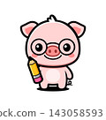 Cute Pig Student Cartoon Character, Kawaii Animal Mascot with Glasses and Pencil 143058593