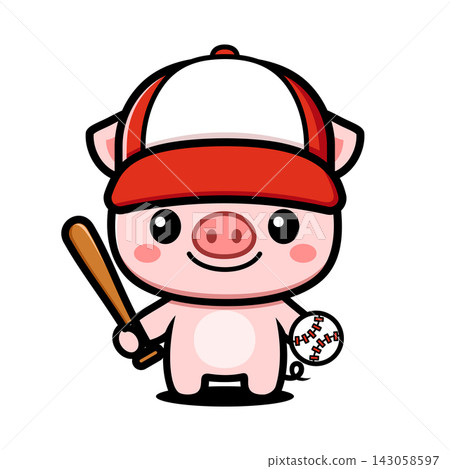 Cute Pig Baseball Player Cartoon Character, Kawaii Animal Sports Mascot 143058597