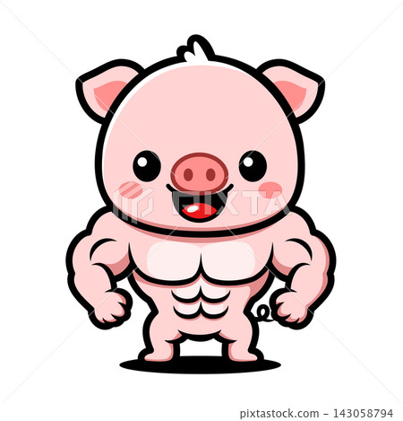 Muscular Pig Cartoon Character, Cute Strong Farm Animal Fitness Mascot 143058794