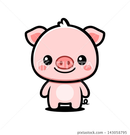 Cute Pig Cartoon Character Illustration, Kawaii Pink Farm Animal Mascot 143058795