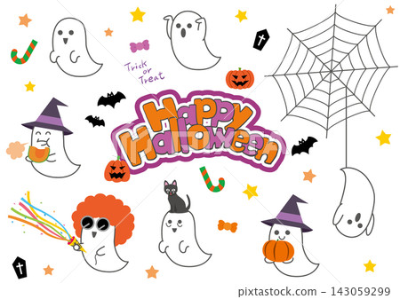 A set of cute Halloween illustrations featuring ghosts and their friends. A set of cute Halloween illustrations featuring ghosts and their friends. 143059299