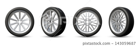 Realistic 3d tire with rubber tread and metal rim Realistic 3d tire with rubber tread and metal rim 143059687