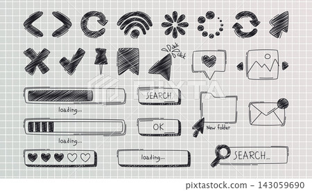 Hand drawn doodle browser ui icons, search bars Hand drawn doodle browser ui icons, search bars 143059690