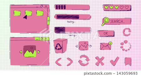 Hand drawn doodle browser ui icons, search bars Hand drawn doodle browser ui icons, search bars 143059693