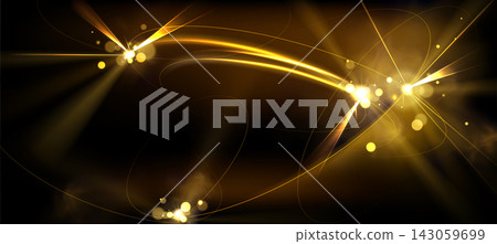 Glowing golden trails and particles on black Glowing golden trails and particles on black 143059699
