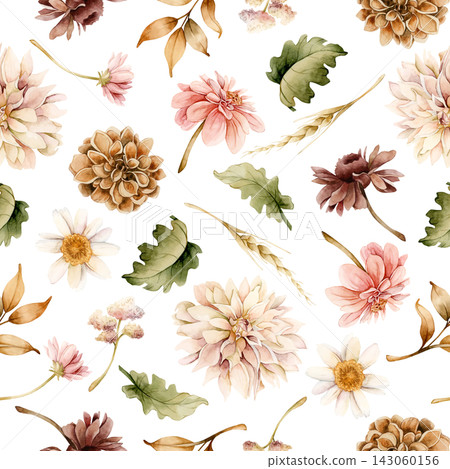 Autumn flowers Seamless Pattern. Fall plants Dahlia Chrysanthemum Daisy. Watercolor hand drawn floral illustration isolated on white background wedding home textile cosmetic package porcelain crockery Autumn flowers Seamless Pattern. Fall plants Dahlia Chrysanthemum Daisy. Watercolor hand drawn floral illustration isolated on white background wedding home textile cosmetic package porcelain crockery 143060156