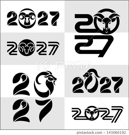Abstract 2027 typography collection featuring geometric numbers combined with stylized ram and goat motifs. Abstract 2027 typography collection featuring geometric numbers combined with stylized ram and goat motifs. 143060192