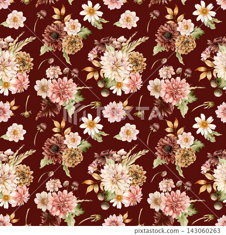 Autumn flower Seamless Pattern Dahlia Chrysanthemum Astra. Watercolor hand drawn floral illustration isolated on dark red background fall design wedding home textile fabric cosmetic package crockery Autumn flower Seamless Pattern Dahlia Chrysanthemum Astra. Watercolor hand drawn floral illustration isolated on dark red background fall design wedding home textile fabric cosmetic package crockery 143060263