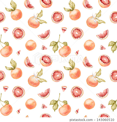 Grapefruit citrus fruit seamless pattern. Watercolor hand drawn floral food illustration isolated on white background for summer design home kitchen textile cute print cosmetic package crockery fabric Grapefruit citrus fruit seamless pattern. Watercolor hand drawn floral food illustration isolated on white background for summer design home kitchen textile cute print cosmetic package crockery fabric 143060510