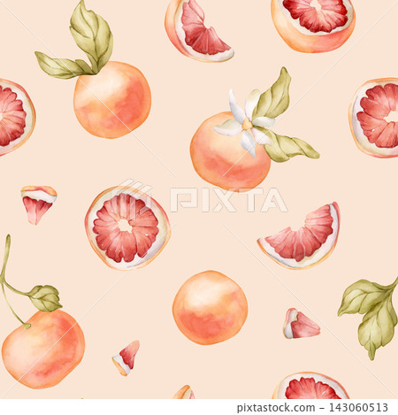 Grapefruit citrus fruit seamless pattern. Watercolor hand drawn floral food illustration isolated on beige background for summer design home kitchen textile cute print cosmetic package crockery fabric Grapefruit citrus fruit seamless pattern. Watercolor hand drawn floral food illustration isolated on beige background for summer design home kitchen textile cute print cosmetic package crockery fabric 143060513