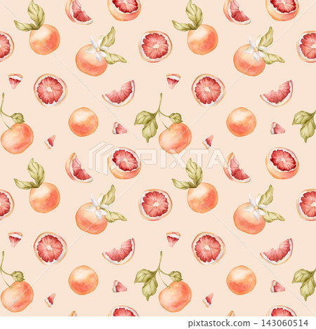 Grapefruit citrus fruit seamless pattern. Watercolor hand drawn floral food illustration isolated on beige background for summer design home kitchen textile cute print cosmetic package crockery fabric Grapefruit citrus fruit seamless pattern. Watercolor hand drawn floral food illustration isolated on beige background for summer design home kitchen textile cute print cosmetic package crockery fabric 143060514
