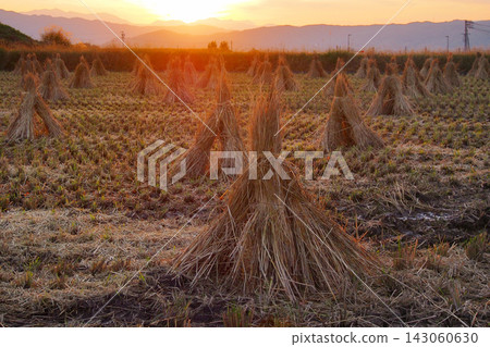 夕陽西下,群山環繞,稻田裡堆滿了稻草。 夕陽西下,群山環繞,稻田裡堆滿了稻草。 143060630