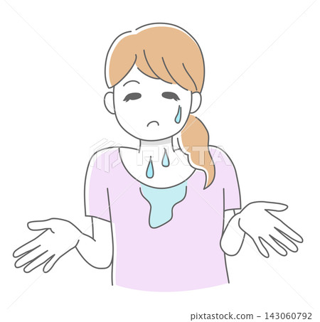 An illustration of a woman troubled by sweat dripping from her neck and sweat stains on her chest (menopausal symptoms/hot flashes). An illustration of a woman troubled by sweat dripping from her neck and sweat stains on her chest (menopausal symptoms/hot flashes). 143060792