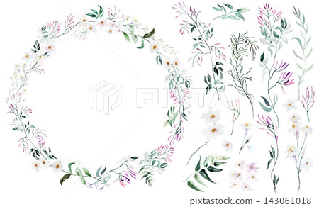 Watercolor floral wreath with pink jasmine flowers, wedding invitations and perfume packaging Watercolor floral wreath with pink jasmine flowers, wedding invitations and perfume packaging 143061018