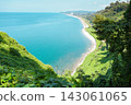 Beautiful view of the Black sea from Botanical garden in Batumi, Georgia. Bright landscape with green-blue water and a lot of greenery on the hills 143061065