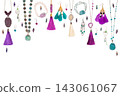 Handmade turquoise and violet bijouterie with gems, tassels and feathers, top view, lying flat on the white horizontal background 143061067