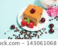 Tasty cake on the white plate and cup of coffee with cream, decorated with flowers, coffee beans, strawberries and ripe cherry on the mint background with place for text, top close up perspective view 143061068