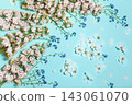 Spring aqua blue background with white blooming chestnut, apple and forget-me-not flowers, close-up top flat view, arc composition 143061070