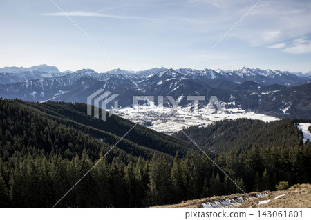 Snowy landscape at Hornle Mountain, alpine foothills in Bavaria, Germany Snowy landscape at Hornle Mountain, alpine foothills in Bavaria, Germany 143061801