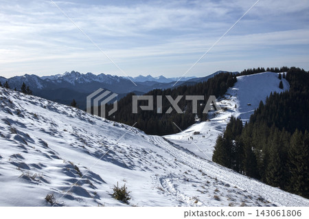 Snowy landscape at Hornle Mountain, alpine foothills in Bavaria, Germany Snowy landscape at Hornle Mountain, alpine foothills in Bavaria, Germany 143061806