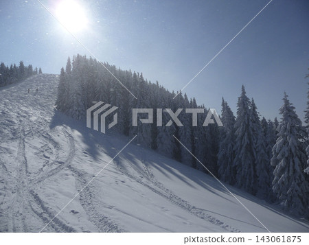 Snowy landscape at Hornle Mountain, alpine foothills in Bavaria, Germany Snowy landscape at Hornle Mountain, alpine foothills in Bavaria, Germany 143061875