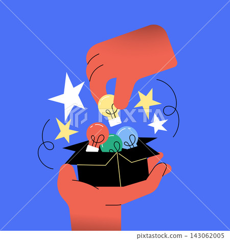 Creative idea selection and innovation with hands, light bulbs collection flat illustration Creative idea selection and innovation with hands, light bulbs collection flat illustration 143062005