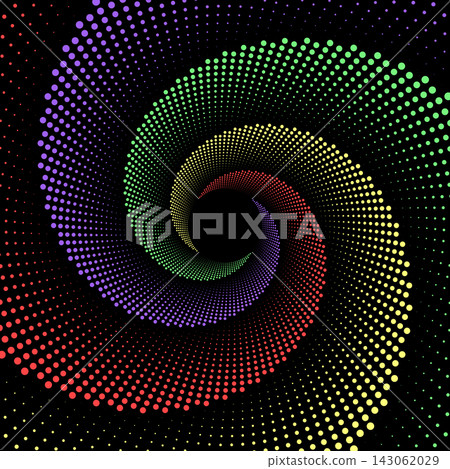 halftone dot spiral vortex on black background. Swirl pattern dots vector illustration. halftone dot spiral vortex on black background. Swirl pattern dots vector illustration. 143062029