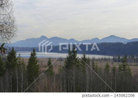Nature landscape with mountain panorma at Staffelsee, Bavaria, Germany Nature landscape with mountain panorma at Staffelsee, Bavaria, Germany 143062106