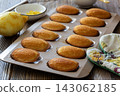 Freshly baked lemon madeleines cooling in a baking tray on wooden table 143062185