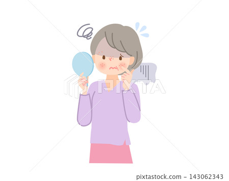 Illustration of a middle-aged woman suffering from skin problems. Illustration of a middle-aged woman suffering from skin problems. 143062343