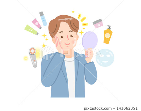 A young man with beautiful skin and a cosmetic set A young man with beautiful skin and a cosmetic set 143062351