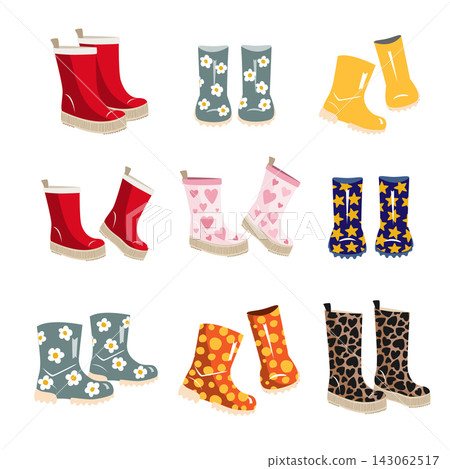 Rubber rain boots icon collection. Wellies set. Isolated vector illustration of waterproof gumboots, pair of shoes for rainy weather, wellington boots for spring and autumn Rubber rain boots icon collection. Wellies set. Isolated vector illustration of waterproof gumboots, pair of shoes for rainy weather, wellington boots for spring and autumn 143062517