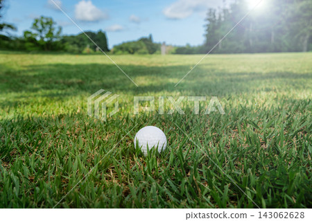 A golf ball placed on the deep grass of the fairway of a golf course. A golf ball placed on the deep grass of the fairway of a golf course. 143062628