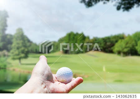 高爾夫球手的雙手拿著高爾夫球，背景是高爾夫球場。 143062635