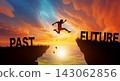 Silhouette man jumping from PAST to FUTURE with sunrise. Go ahead and Keep go on to success Concept. 143062856