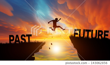 Silhouette man jumping from PAST to FUTURE with sunrise. Go ahead and Keep go on to success Concept. Silhouette man jumping from PAST to FUTURE with sunrise. Go ahead and Keep go on to success Concept. 143062856