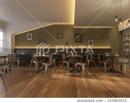 3D render of a cozy restaurant interior with wooden floors, metal chairs, set tables, banquette seating, and warm light. 3D render of a cozy restaurant interior with wooden floors, metal chairs, set tables, banquette seating, and warm light. 143063015