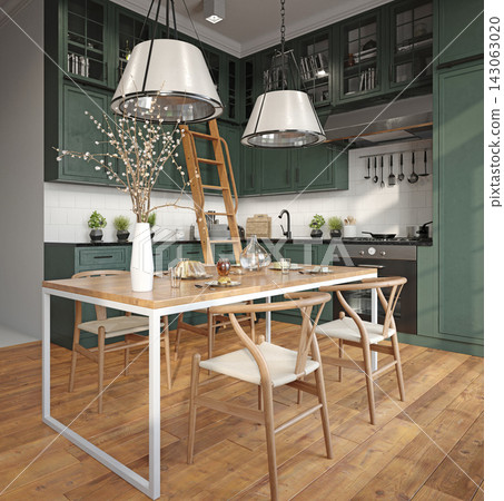 3D render of a modern kitchen interior with green cabinets, a wooden dining table, large pendant lights, and a ladder. 3D render of a modern kitchen interior with green cabinets, a wooden dining table, large pendant lights, and a ladder. 143063020