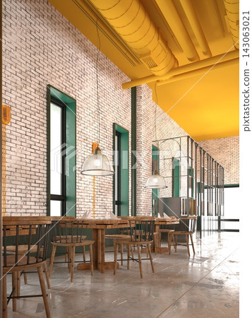 3D render of an industrial restaurant interior with wooden tables, white brick walls, and a yellow ceiling with ducts. 143063021