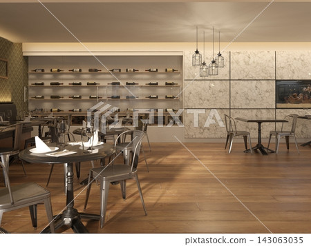 3D render of a modern restaurant interior with set dining tables, metal chairs, and a large wall-mounted wine display. 3D render of a modern restaurant interior with set dining tables, metal chairs, and a large wall-mounted wine display. 143063035