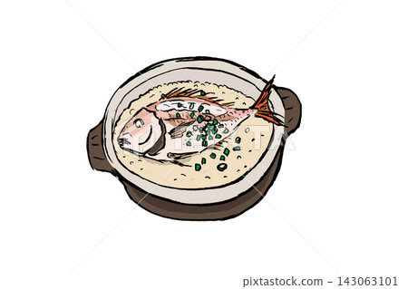 用筆觸風格手繪的鯛魚飯(鯛魚飯),一種由鯛魚和調味米飯組成的日本料理。 用筆觸風格手繪的鯛魚飯(鯛魚飯),一種由鯛魚和調味米飯組成的日本料理。 143063101